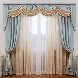 blue and gold drapes in front of a window