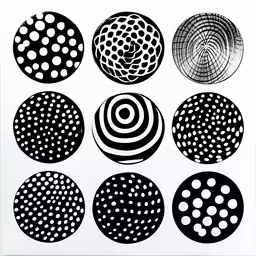 a piece of artwork with circles and a lot of dots,five circles with dots in each one