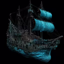 a pirate ship floating in the dark water