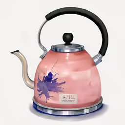 an image of a pink tea kettle with a black handle