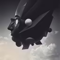 the head of a woman flying through a cloudy sky