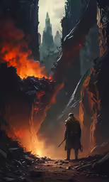 a man standing in a cave with a sword