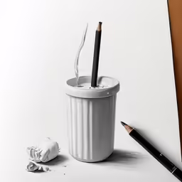 a pencil drawing a waste can with two pencils and one eraser