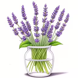 a drawing of some purple flowers in a vase,a vase with many purple flowers sitting inside of it
