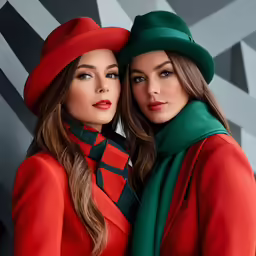 two beautiful young women wearing green and red