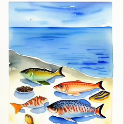 a painting of fish on a sandy beach,a watercolor drawing of fish swimming in the sea,a painting of a group of fish on the shore,several fishes on the beach by the ocean,a painting with a few fish in it
