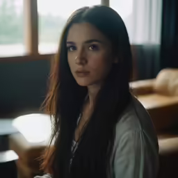a woman with long hair sits next to couches
