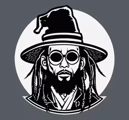 a white circular with black lines that shows a man in glasses and a fedora, with his hair pulled back in dreads,a black and white drawing of a man with dreadlocks and a hat on