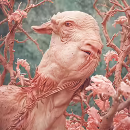a close - up of the face of a dead sheep with branches around