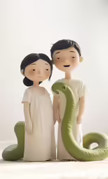 there are two people standing next to a fake snake