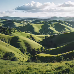 an area with green hills and trees and clouds