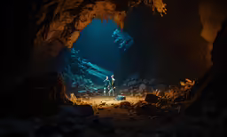some people are standing in a cave near rocks
