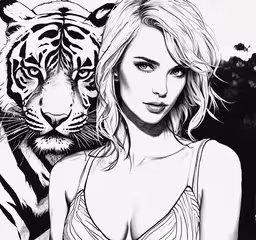 a girl next to a tiger on the ground,a woman with a tiger on the back is drawn in a white and black pen