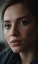 a woman with blue eyes and a grey sweater