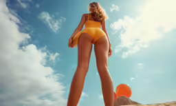 a woman in a yellow bikini standing on the beach