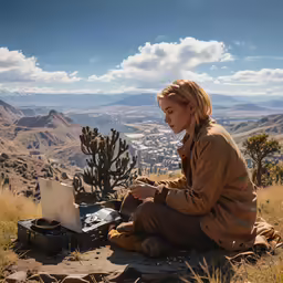 a woman sitting on the ground working on a laptop
