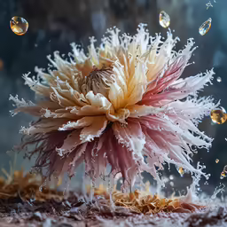 a close up of a flower with many bubbles around it