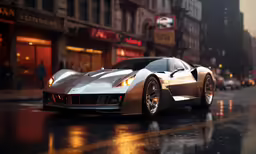 silver sports car parked on the street at night