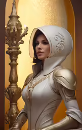 a woman in white is standing by a lamp