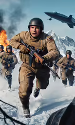 some soldiers running down a snowy hill in uniform