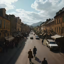 a group of people are walking down a small street