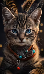 a close up of a cat with a collar and necklace