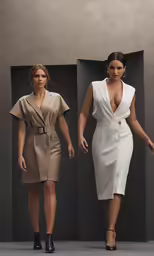 two woman models in white outfits walking down a runway