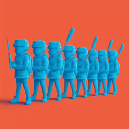 two figures stand in a line with their arms crossed and helmets on, but all facing same direction
