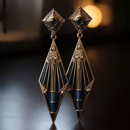 an intricate pair of earrings hangs from a black surface