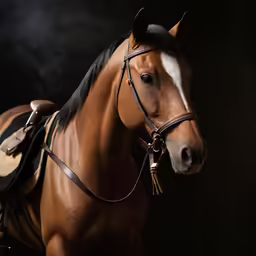 a brown horse wearing a bridle on a dark background
