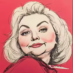 the drawing on paper shows a woman in red and white