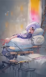 a drawing of a girl lying on a bed