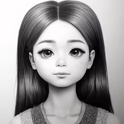 a black and white photo of a girl with long hair
