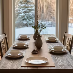 dining room table with place settings set for six