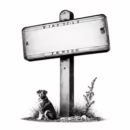 a dog is sitting next to an empty sign