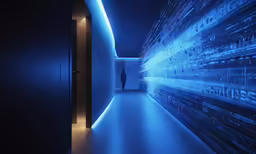 a person standing in a long hallway next to an illuminated wall