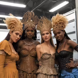 three models stand in front of a counter wearing dressy headdress