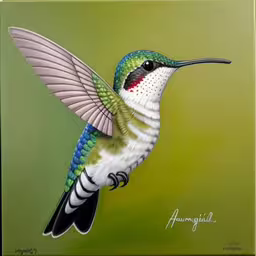 a picture of a hummingbird painted on the front cover of a green board,a painting of a hummingbird flying on a green background,a painting of a hummingbird resting on a branch,the painting shows a hummingbird perched and wing outstretched,a painting of a humming bird sitting on a branch