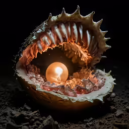a candle is glowing in an egg shell