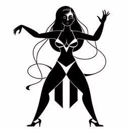 a woman in lingerie dancing with a hoop of hair around her neck,a woman in a black bikini with long hair