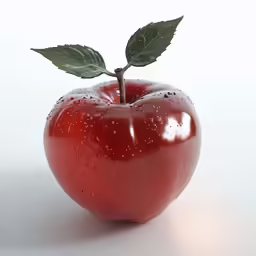 an apple with a green leaf and water droplets
