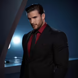 the young man is dressed in a black suit