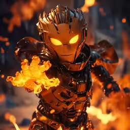 a close up of a toy near many fire