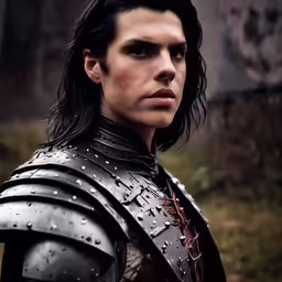 a young man wearing a heavy leather armor and looking to the left