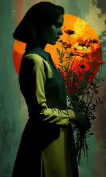 there is a woman holding a flower vase
