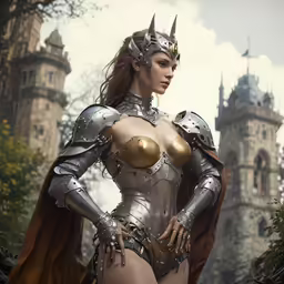 a woman dressed as a knight poses in front of an old castle
