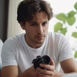 a man holding a camera sitting on top of a bed