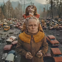 an older woman carrying a statue over her head in a car scrap