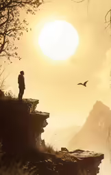 an image of person standing at sunset looking at bird