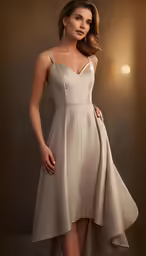 a woman posing in an off white dress